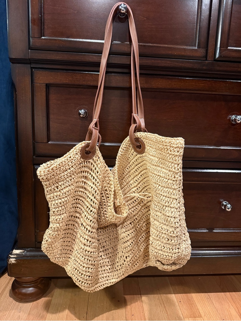 Zara Woven Straw Shoulder Tote Bag with Brown Handles